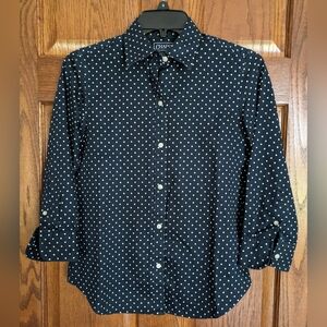 Chaps No Iron Classic Navy & White Polkadot 3/4 Sleeve Button Down Shirt - Small
